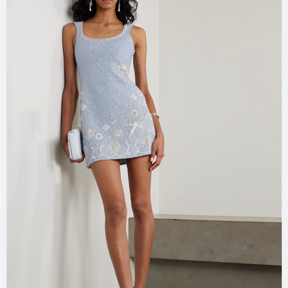 Clio Peppiatt Embellished Light Blue Mini Dress